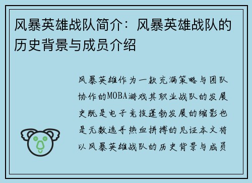 风暴英雄战队简介：风暴英雄战队的历史背景与成员介绍